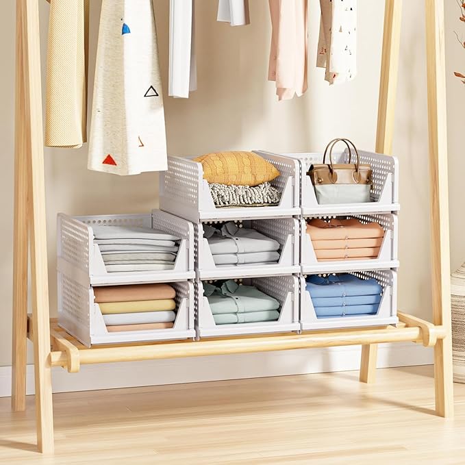 8 Pack Stackable Closet Storage Basket - Stackable Storage Bins, Multifunctional & Foldable Closet Organizer Waterproof, Wardrobe Cupboard Space-Saving Hat Storage Drawer Organizer, White - Image 6
