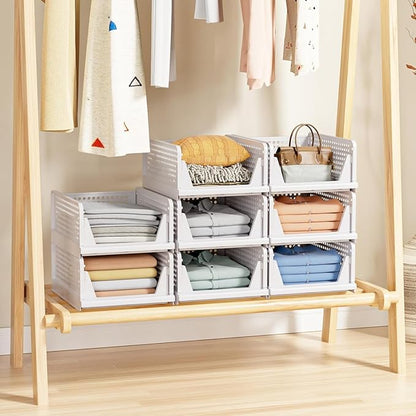 8 Pack Stackable Closet Storage Basket - Stackable Storage Bins, Multifunctional & Foldable Closet Organizer Waterproof, Wardrobe Cupboard Space-Saving Hat Storage Drawer Organizer, White - Image 6