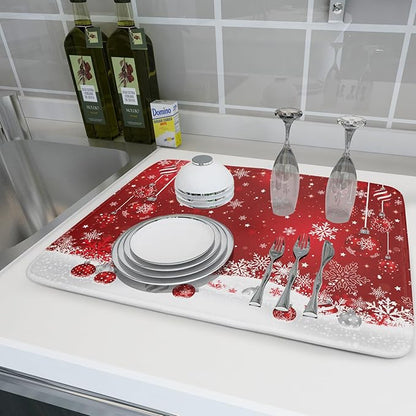 Giwawa Xmas Balls Dish Drying Mat for Kitchen Countertop Winter Red White Snowflakes Dish Drainer Mats 18x24inch Reversible Dish Drying Rack Pad Protector for Dining Holiday New Year Decor