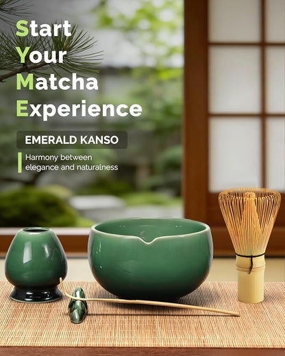 Maestri House Matcha Whisk Set, 7-Pc Complete Matcha Kit with Spouted Ceramic Bowl, Bamboo Whisk and Holder, Scoop, Spoon Rest & Sifter, Tea Cloth – Ideal Gift for Matcha Lovers (Emerald Kanso) - Image 2