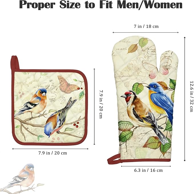 Vintage Bird Oven Mitts and Pot Holders Sets 2Pcs, 100% Cotton Heat Resistant, Extra Long Oven Gloves Potholder for Kitchen Cooking Baking Decoration, Housewarming Gifts for Mom - Image 4