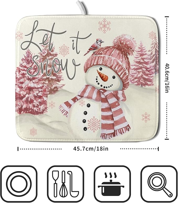 Giwawa Pink Snowman Dish Drying Mat Xmas Trees Bird Winter Snowy Scene Dish Drainer Mats 16"x18" Microfiber Reversible Dish Drying Rack Pad Protector for Kitchen Countertop Decor
