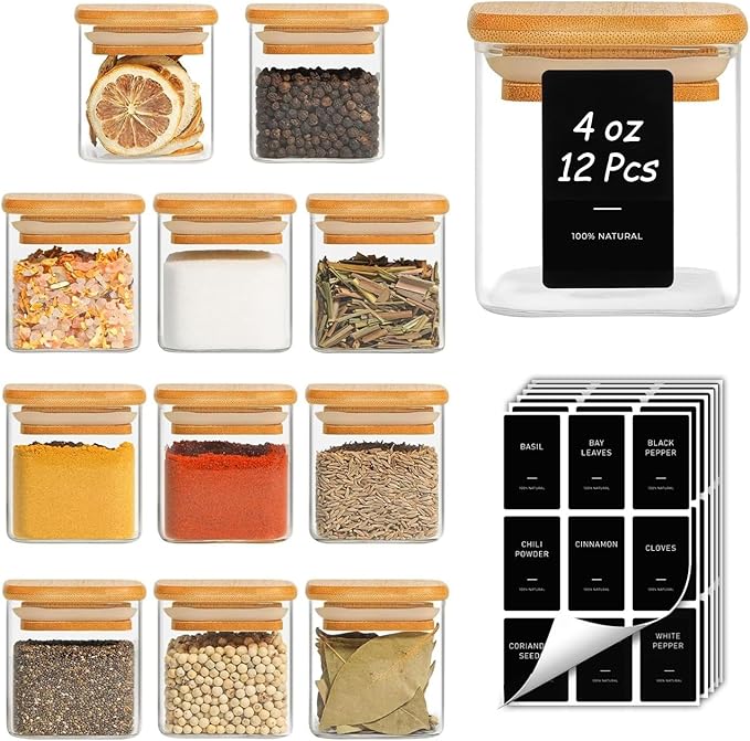ComSaf 12Pcs Spice Jars with Labels, Glass Jar with Bamboo Lid, 4oz Airtight Square Spice Containers with Black Lables, Empty Seasoning Jars for Spice, Salt, Pepper, Sugar by ComSaf