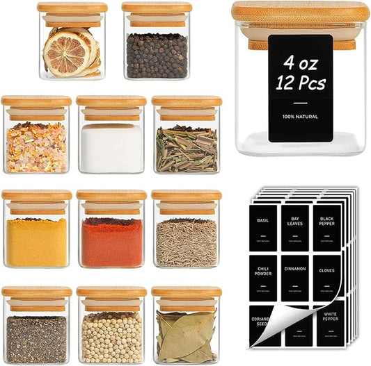 ComSaf 12Pcs Spice Jars with Labels, Glass Jar with Bamboo Lid, 4oz Airtight Square Spice Containers with Black Lables, Empty Seasoning Jars for Spice, Salt, Pepper, Sugar by ComSaf