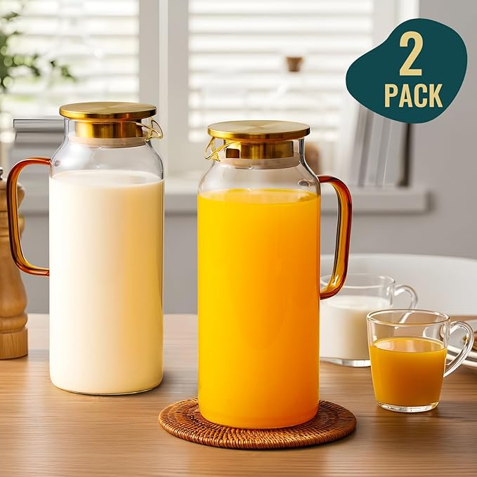 2 Pack 2 Liter/68 oz Glass Pitcher with Lid, Water Pitchers with Handle for Fridge, Large Jug for Iced Tea, Coffee, Borosilicate Glass Carafe for Hot/Cold Brew Drink and Homemade Beverage, Gold - Image 2