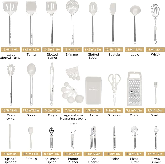 Kitchen Utensil Set-Silicone Cooking Utensils-33 Kitchen Gadgets & Spoons for Nonstick Cookware-Silicone and Stainless Steel Spatula Set-Best Kitchen Tools, Useful Pots (Cream White) - Image 2