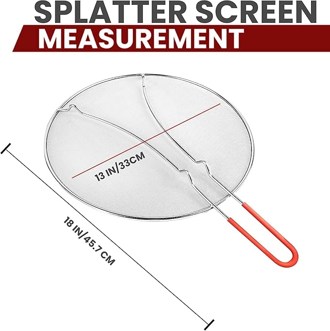 13" Grease Splatter Screen for Cooking | Stainless Steel Oil Splatter Guard and Ultra-Fine Mesh Protects Skin from Burns | Silicone Red Handle - Image 6