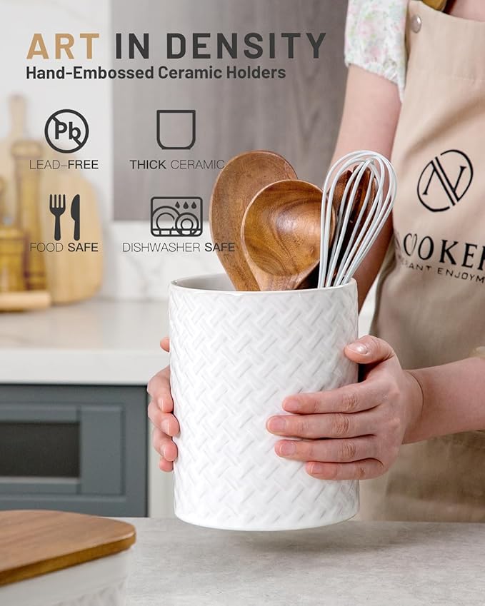 Nucookery 6.4'' Utensil Holder - Ceramic Utensil Holder for Kitchen Counter, Large Capacity Countertop Storage, Farmhouse Style Utensil Crock Organizer for Spoons, Spatulas & Cooking Tools - Image 3