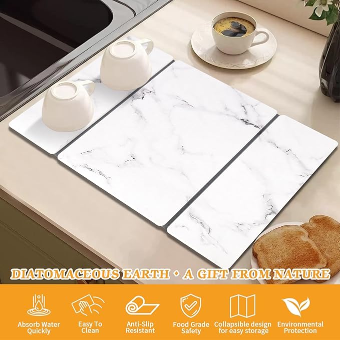 Stone Dish Drying Mat for Kitchen Counter, 24''×15'' Dishes Drying Matt Kitchen Counter, Absorbent Diatomaceous Earth Bath Quick Dry Mats for Tableware, Bottles and Cup (White Marble) - Image 4