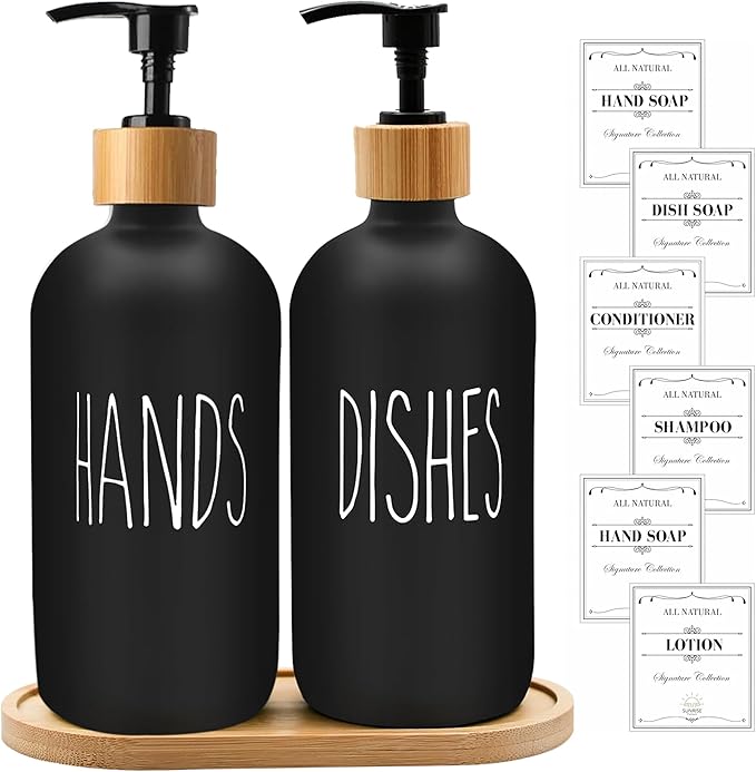 Sunrise Premium 16 OZ Thick Black Glass Soap Dispenser, Bamboo Pump with Tray 2 Pack, Hand and Dish Soap Dispenser Set for Bathroom with 6 Waterproof Labels - Image 7