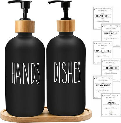 Sunrise Premium 16 OZ Thick Black Glass Soap Dispenser, Bamboo Pump with Tray 2 Pack, Hand and Dish Soap Dispenser Set for Bathroom with 6 Waterproof Labels - Image 7