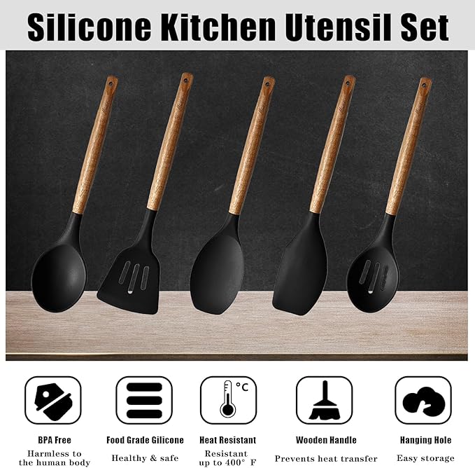Kitchen Utensils Set, Silicone Cooking Utensils Set,Non-Stick Silicone Spatula Set with Natural Acacia Hard Wood Handle, 5 Piece, Upgraded Thickened Cookware - Image 2