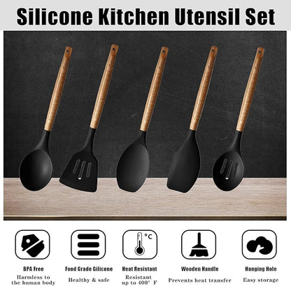Kitchen Utensils Set, Silicone Cooking Utensils Set,Non-Stick Silicone Spatula Set with Natural Acacia Hard Wood Handle, 5 Piece, Upgraded Thickened Cookware - Image 2