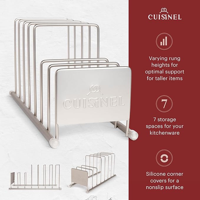 Cuisinel Lid and Dish Organizer Rack - Satin Nickel Silver Kitchen Storage Organization Stand - Plate Holder, Pan/Pot Covers, Cutting Board and Cookie Sheet Divider - 7-Tier Cabinet/Counter Display - Image 2