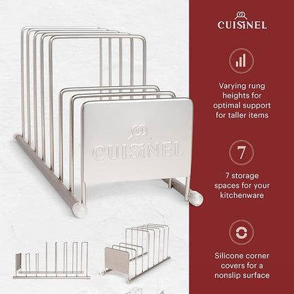 Cuisinel Lid and Dish Organizer Rack - Satin Nickel Silver Kitchen Storage Organization Stand - Plate Holder, Pan/Pot Covers, Cutting Board and Cookie Sheet Divider - 7-Tier Cabinet/Counter Display - Image 2