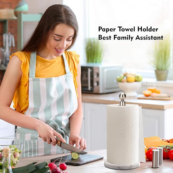Paper Towel Holder Countertop, Standing Paper Towel Roll Holder for Kitchen Bathroom, with Weighted Base for One-Handed Operation (Marble Base, Brushed Nickel) - Image 8