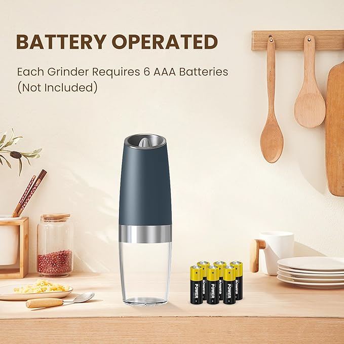 Gravity Electric Salt And Pepper Grinder Set, Automatic Salt And Pepper Grinder Set, Battery Powered (6 AAA Batteries Each), Adjustable Roughness, LED Light, 2 Pack, (Grey) - Image 2