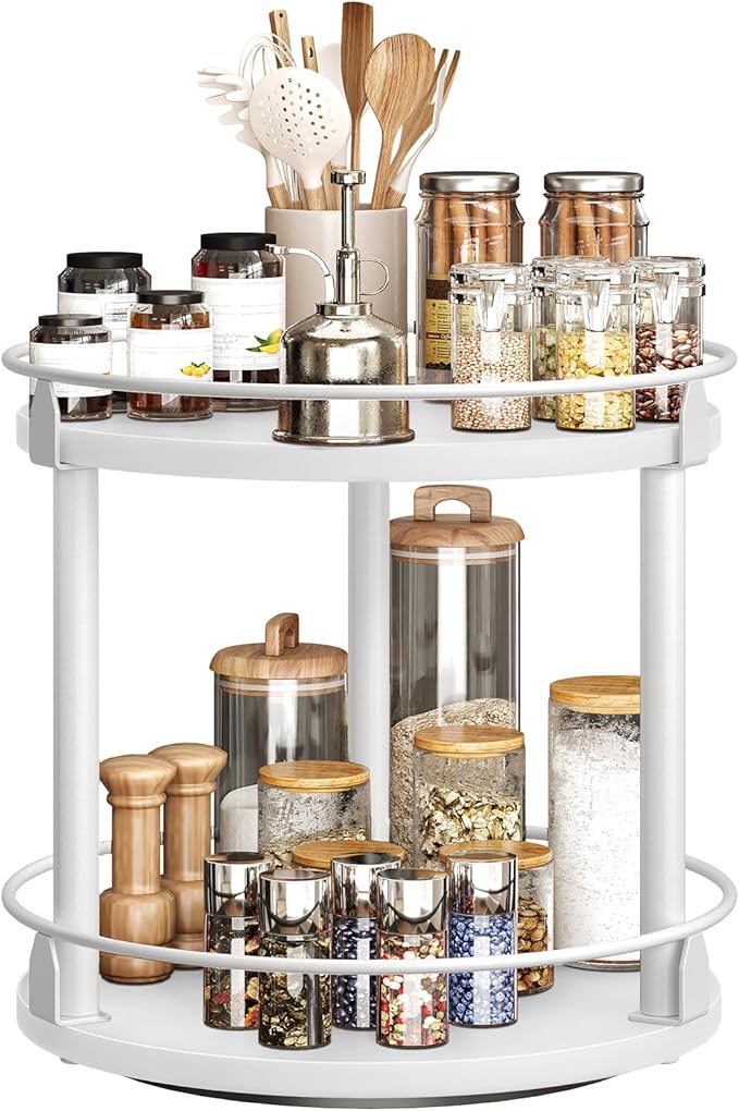 YATINEY Lazy Susan Organizer, Rotating Spice Rack, 2 Tier Spice Turntable Organizer, Industrial Turntable Spice Holder, for Kitchen Countertop, Compact and Versatile, White SR22WW - Image 9