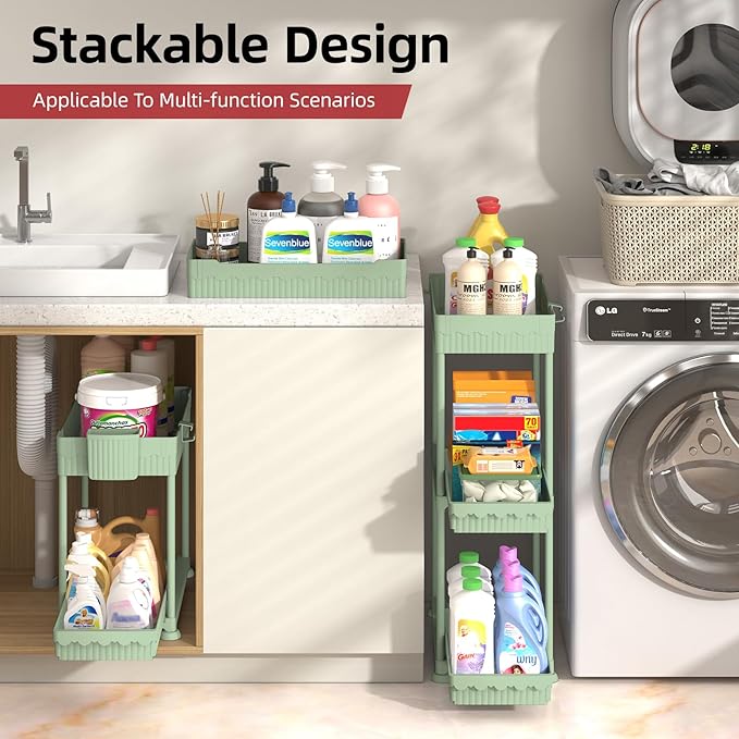 Sevenblue Under Sink Organizer, Bathroom Organizers and Storage, 2 Tier Multi-Use Pull Out Cabinet Organizer with Hang Hooks and Cups (Green, 4 Pack) - Image 5