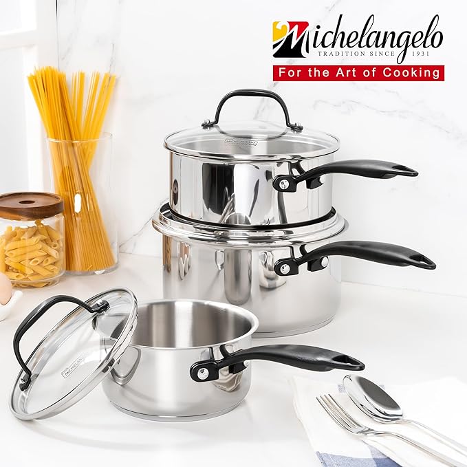 MICHELANGELO Tri-Ply Stainless Steel Saucepan with Lid 6 Pcs, Stainless Steel Sauce Pans with Cool Handle, 6 Pcs Multipurpose Sauce Pots Set for Kitchen Cooking, Induction Compatible, 1QT & 2QT &3QT - Image 7