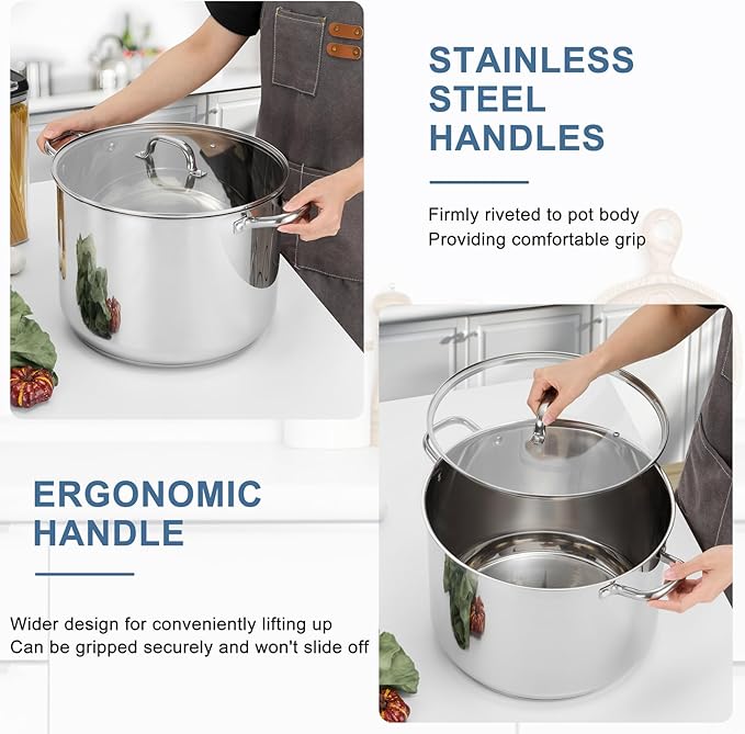 TeamFar Stainless Steel Stock Pot, 24QT Large Stockpot Tri-ply Bottom Cooking Soup Pot with Glass Lid, for Induction Gas Glass Stovetops, Non Toxic & Heavy Duty, Large Size & Easy Clean - Image 3