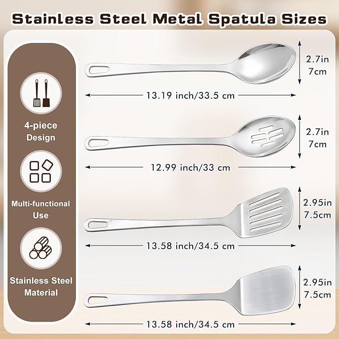 4 Pcs Cooking Utensils Set, Stainless Steel Kitchen Utensils, Heat Resistant Metal Kitchen Tools Include Slotted Turner Wok Spatula, Solid & Slotted Serving Spoon, Ladle, Easy to Clean, Silver - Image 6