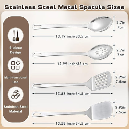 4 Pcs Cooking Utensils Set, Stainless Steel Kitchen Utensils, Heat Resistant Metal Kitchen Tools Include Slotted Turner Wok Spatula, Solid & Slotted Serving Spoon, Ladle, Easy to Clean, Silver - Image 6