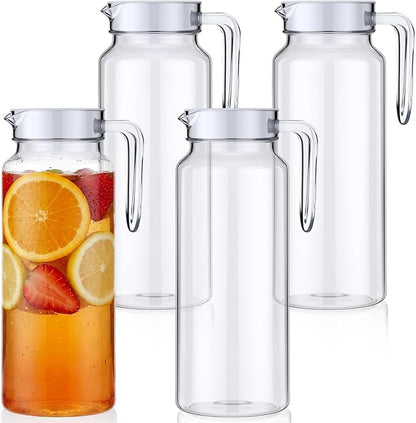 Didaey 4 Pcs Acrylic Water Pitcher with Lid, Spout Handle Clear Plastic Pitcher Heat Resistant Carafe Unbreakable Beverage Container Fridge Jug for Juice Ice Tea Sangria Lemonade(37 oz,Round)