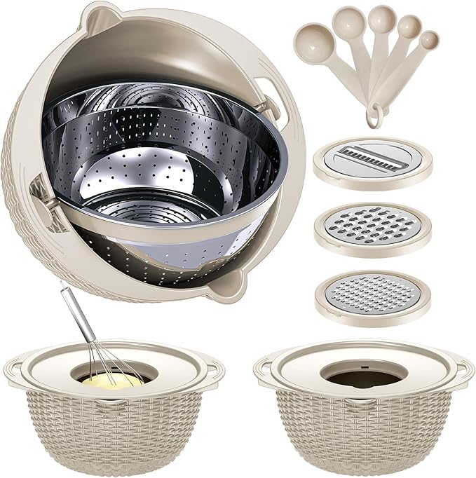 4-1 Colander with Bowl & Spoons Set - Rotatable Colander for kitchen with New Upgraded Graters, Food Strainer(Patented) for Pasta, Fruits, Vegetables, Funny Presents for Women, Beige by Balavina
