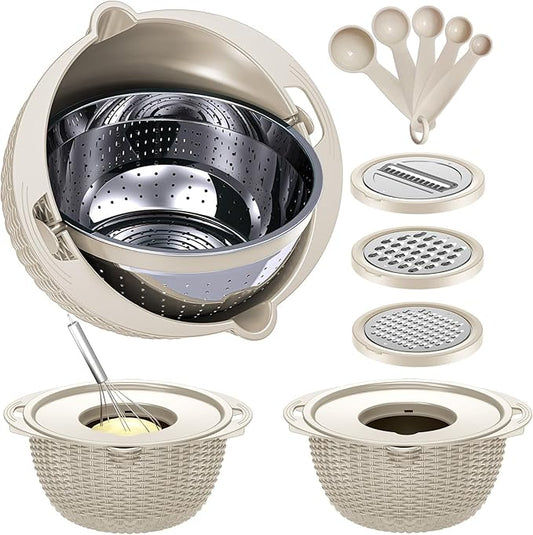 4-1 Colander with Bowl & Spoons Set - Rotatable Colander for kitchen with New Upgraded Graters, Food Strainer(Patented) for Pasta, Fruits, Vegetables, Funny Presents for Women, Beige by Balavina