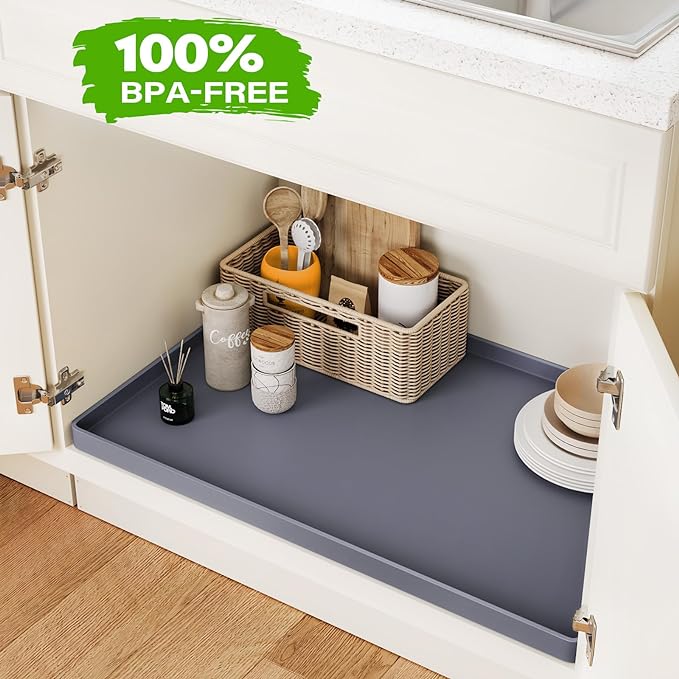 FLATO Waterproof Under Sink Mat 25" x 22" Shelf Liner for Kitchen and Bathroom, Cabinet Protector, Organizers and Storage, Flexible Silicone Drip Tray