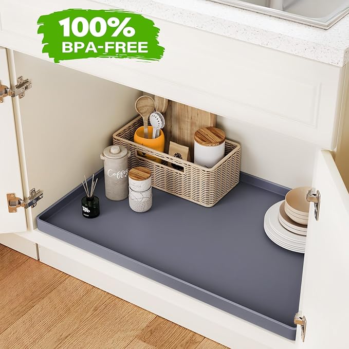 FLATO Waterproof Under Sink Mat 31" x 19" Shelf Liner for Kitchen and Bathroom, Cabinet Protector, Organizers and Storage, Flexible Silicone Drip Tray