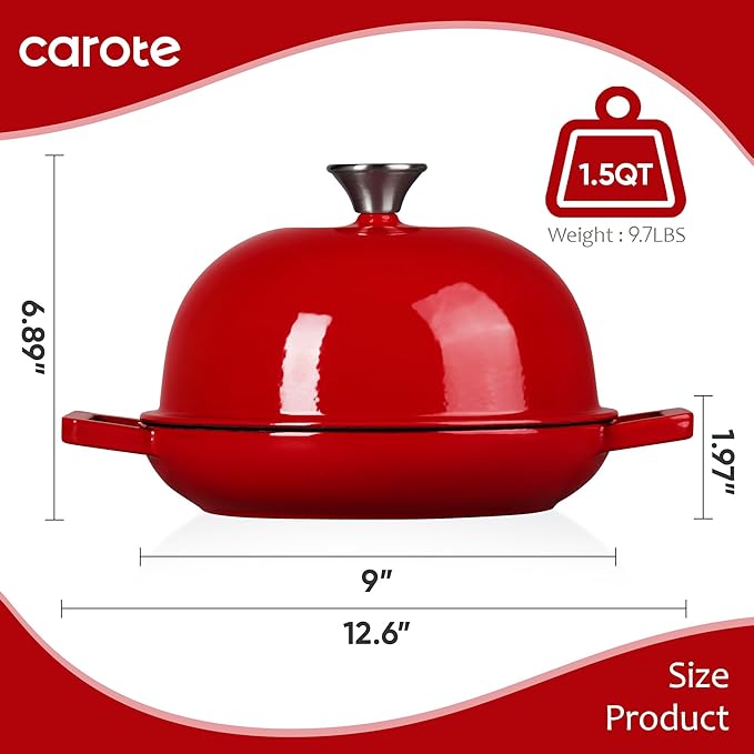 CAROTE Enameled Cast Iron Bread Dutch Oven, Round Bread Oven Pot with Dome Lid for Homemade Sourdough Bread Baking, Healthy & Non-Toxic, Dual Handles, All Stovetop Compatible, Oven Safe up to 500° F, 1.5 Quarts, 9 Inches, Red