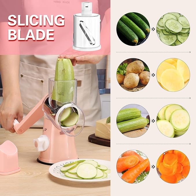 Cambom Rotary Cheese Grater Hand Crank Cheese Shredder for Fresh Cheese, Vegetable, Nuts,Non-slip Suction Base, Free Cleaning Brush Three Blades, Pink - Image 3