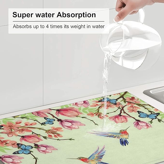 Bird Floral Flowers Dish Drying Mat for Kitchen Counter, 18"x24" Microfiber Absorbent Fast Dry Mat, 2Pcs Dish Mat Faucet Mats Sets, Large Drying Kitchen Mat Kitchen Drying Pad Coffee Bar Decor Gifts
