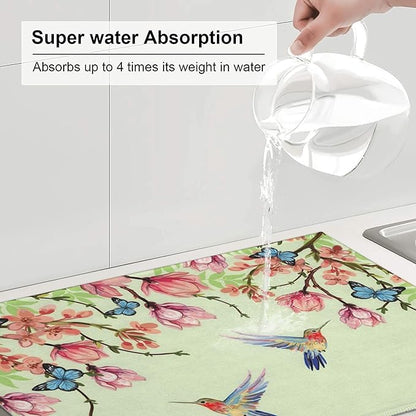 Bird Floral Flowers Dish Drying Mat for Kitchen Counter, 18"x24" Microfiber Absorbent Fast Dry Mat, 2Pcs Dish Mat Faucet Mats Sets, Large Drying Kitchen Mat Kitchen Drying Pad Coffee Bar Decor Gifts