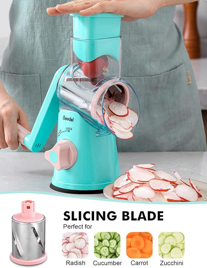 Geedel Rotary Cheese Grater, Kitchen Mandoline Vegetable Slicer with 3 Interchangeable Blades, Easy to Clean Rotary Grater Slicer for Fruit, Vegetables, Nuts - Image 3