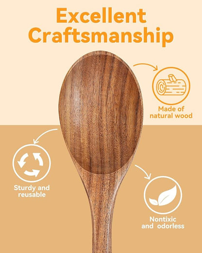 2Pcs Wooden Cooking Spoons, Wood Serving Spoons for Nonstick Cookware, Natural Acacia Wooden Mixing Spoons for Stirring Tasting Baking, Heat Resistant Durable Wooden Kitchen Utensils