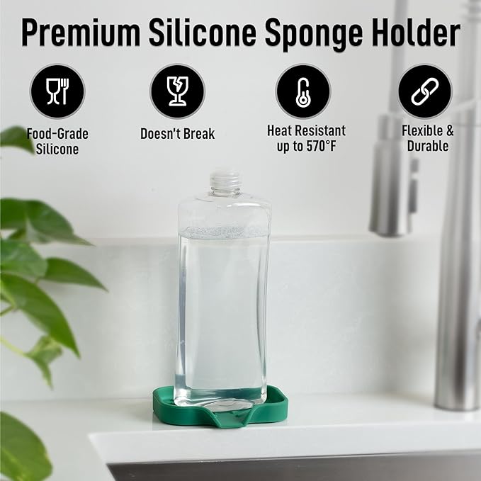 Zulay Kitchen Small Silicone Sponge Holder (4.9x3.3”) – Space-Saving Sink Organizer Tray for Sponge, Soap, Brush & More – Compact Non-Slip Dish for Kitchen & Bathroom Countertops (Pine Green) - Image 2