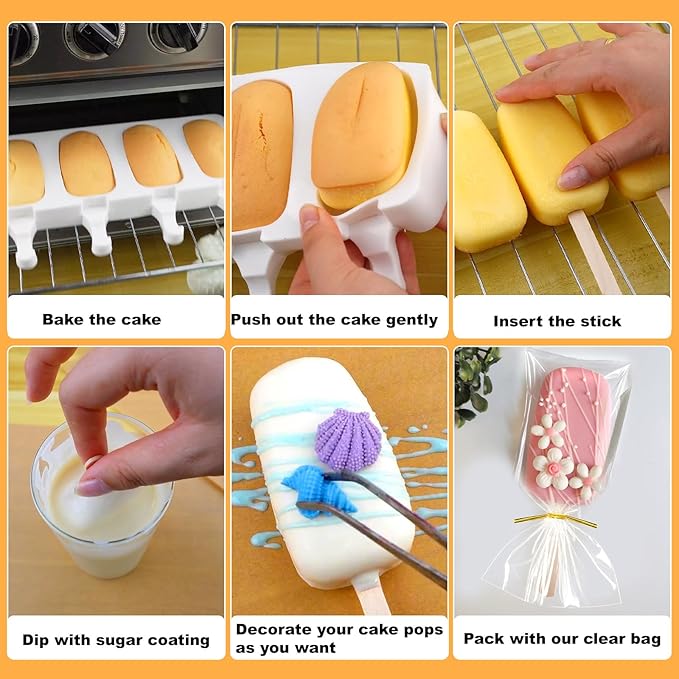 Juome Cake Pop Mold Kit, 8 Cavities Small Cakesicle Molds Silicone with 100 Wooden Sticks & 100 Packaging Bags with Ties, Cake Pop Maker Supplies Accessories, Baking Tools for Home Baking Desserts - Image 4