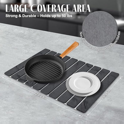 2 PCS Stone Dish Drying Mat for Kitchen Counter, 24"×16" Dark Gray, Fast Drying Collapsible Dish Drying Mat, Eco-Friendly Absorbent Diatomaceous Earth Mats for Match Countertop ( 24"×16" & 8"x4") - Image 4