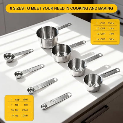 Stainless Steel Measuring Cups and Spoons Set, 8 PCS Long Handle Measure Cups and Spoons Premium Stackable Measuring Cups for Kitchen Cooking & Baking, Dry & Liquid Dishwasher Safe - Image 2