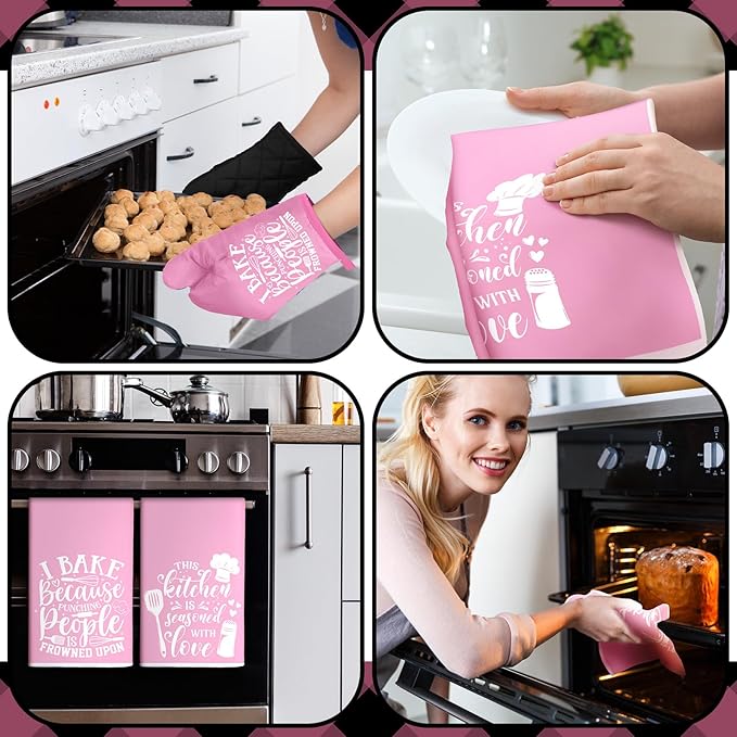 Sratte 6 Pcs Kitchen Decor Accessories Set Farmhouse Towels Pot Holders Oven Mitts Set 2 Dish Towels 2 Potholders 2 Cooking Mittens Oven Glove for Baking Cooking(Light Pink,Kitchen) - Image 5
