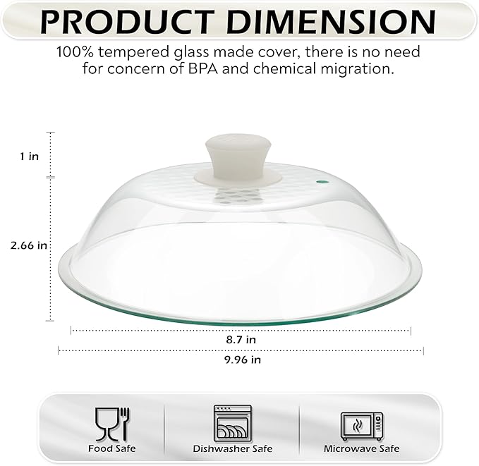 OEC Lighter Weight Tempered Glass Microwave Splatter Cover - 10 inch (Inner Diameter 8.7”) - Heat-Resistant - Durable Glass Lid with Vent, Silicone Knob, Dishwasher Safe, 100% Food Grade - BPA Free - Image 2