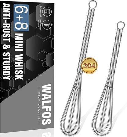 Walfos Mini Whisk, Non-Rust 304 Stainless Steel, 6+8 Inch, Silver, Heat Resistant 450, Tiny Whisk Nice for Whisking, Blending, Beating, Mixing Sauces by Walfos