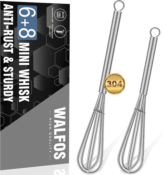 Walfos Mini Whisk, Non-Rust 304 Stainless Steel, 6+8 Inch, Silver, Heat Resistant 450, Tiny Whisk Nice for Whisking, Blending, Beating, Mixing Sauces by Walfos