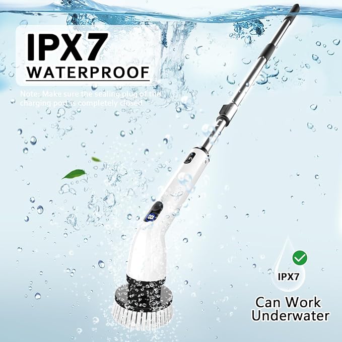 TUYU Electric Spin Scrubber, Full-Body IPX7 Waterproof Bathroom Scrubber with Power LCD Display, 8 Replacement Head, Adjustable Extension Handle, Cordless Shower Cleaner Brush for Bathtub Cleaning - Image 6