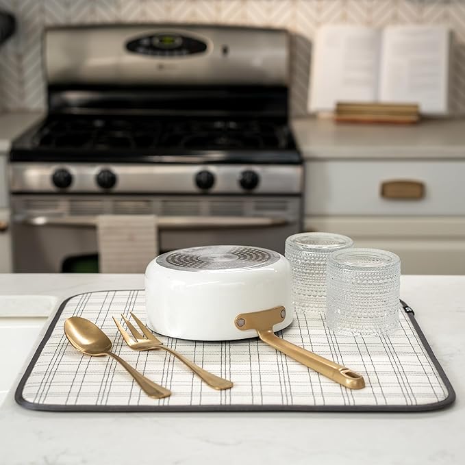 S&T INC. Dish Drying Mat, 16” x 18”, Absorbent Microfiber Kitchen Counter Mat, Dish Drying Pad for Dishes, Utensils, Pots and Pans, Large, Stitched Plaid - Image 4