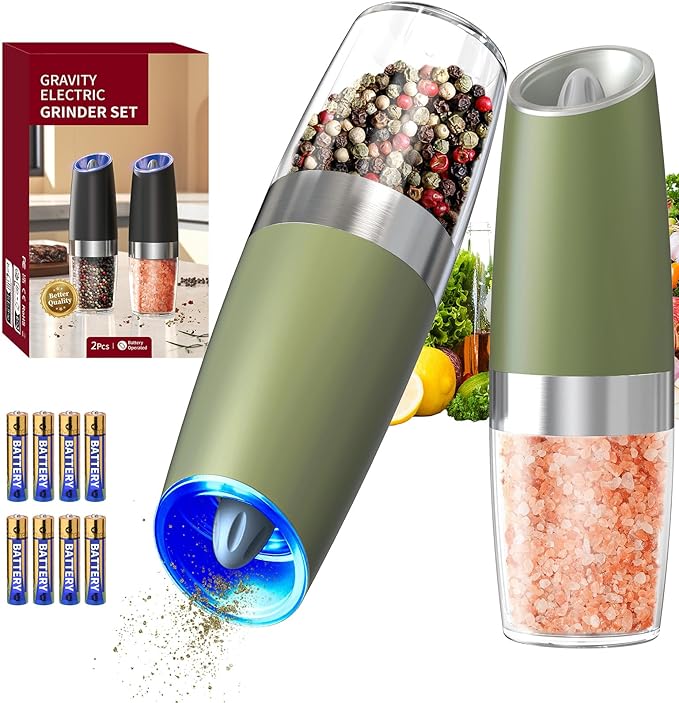 CIRCLE JOY Gravity Electric Salt and Pepper Grinder Set Automatic Salt and Pepper Grinder Set with LED Light, Battery Operated, Adjustable Coarseness, Large Capacity, for Home Kitchen BBQ, Green by CIRCLEJOY