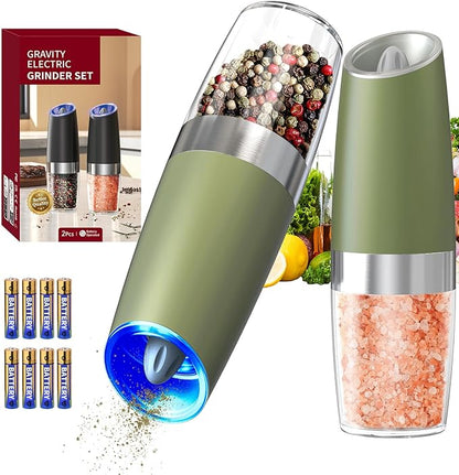 CIRCLE JOY Gravity Electric Salt and Pepper Grinder Set Automatic Salt and Pepper Grinder Set with LED Light, Battery Operated, Adjustable Coarseness, Large Capacity, for Home Kitchen BBQ, Green by CIRCLEJOY